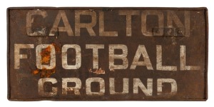 TRAMWAYS vintage metal double sided destination sign "CARLTON FOOTBALL GROUND" and "DIRECT TO RACES" mid 20th century, 28 x 59cm