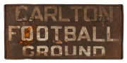TRAMWAYS vintage metal double sided destination sign "CARLTON FOOTBALL GROUND" and "DIRECT TO RACES" mid 20th century, ​​​​​​​28 x 59cm