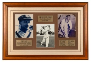 Sir Donald Bradman "The Bradman Record 1927 - 1949", Attractively framed presentation featuring three b&w photographs, one with original signature of Don Bradman, and with engraved plaques describing his career and statistics, Framed, 62 x 92cm overall