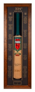 MARK TAYLOR'S 334 NOT OUT: Attractively framed limited edition full-size bat [No. 240 of 334] signed by Mark Taylor to celebrate his achieving a top score equal to that of his hero, Don Bradman.; Framed and glazed; Overall 110 x 35cm