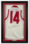 BOB SKILTON Original signature on reverse of No. 14 South Melbourne Football Club Guernsey; Framed & glazed; Overall 96 x 63cm Bob Skilton is one of only four Australian Rules footballers to have been awarded the Brownlow Medal on three occasions, 1959, 