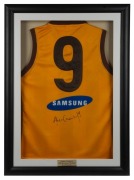 SHANE CRAWFORD Original signature on the reverse of a No. 9 Hawthorn Football Club guernsey; Framed and glazed; Overall 90 x 66cm Shane Crawford was awarded the 1999 Brownlow Medal