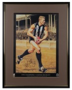 Nathan Buckley and Jamie Cooper original signatures on limited edition reprints of Cooper's painting of the Collingwood&nbsp;star [No. 110 of 500];Framed and glazed;Overall 78 x 61cm