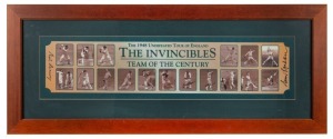 THE INVINCIBLES Souvenir beer mat with original signatures of the Team of the Century, Sam Loxton and Neil Harvey; framed & glazed; overall 43 x 107cm