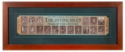 THE INVINCIBLES&nbsp;Souvenir beer mat with original signatures of the Team of the Century, Sam Loxton&nbsp;and Neil Harvey; framed & glazed; overall 43 x 107cm