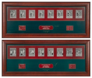 DENNIS LILLEE and JEFF THOMSON: Limited edition frame-by-frame presentations, each signed by the respective fast bowler and listing their career statistics; individually framed and glazed, each 44 x 105cm overall (2)