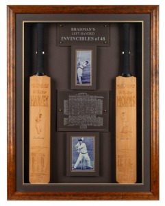 Attractively framed presentation titled "BRADMAN'S LEFT HANDED INVINCIBLES of 48" featuring two Callen Australian Cricket Willow full-size bats, one signed by Neil Harvey and the other signed by Arthur Morris, and including an action photo of each together with details of the 1948 Australian team in England. Framed and glazed, together with a COA. Overall 100 x 78cm.