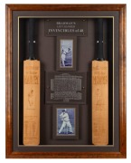 Attractively framed presentation titled "BRADMAN'S LEFT HANDED INVINCIBLES of 48" featuring two Callen Australian Cricket Willow full-size bats, one signed by Neil Harvey and the other signed by Arthur Morris, and including an action photo of each togethe