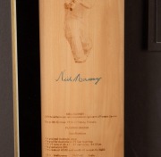 Attractively framed presentation titled "BRADMAN'S LEFT HANDED INVINCIBLES of 48" featuring two Callen Australian Cricket Willow full-size bats, one signed by Neil Harvey and the other signed by Arthur Morris, and including an action photo of each togethe - 2
