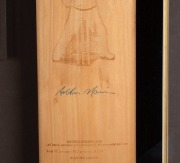 Attractively framed presentation titled "BRADMAN'S LEFT HANDED INVINCIBLES of 48" featuring two Callen Australian Cricket Willow full-size bats, one signed by Neil Harvey and the other signed by Arthur Morris, and including an action photo of each togethe - 3