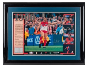 "1300 The Tony Lockett Commemorative Lithograph" With original signature and COA, No. 49 of 1000. Framed and glazed. Overall 61 x 79 cm