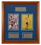 "150 Goals VFL/AFL record for most goals in a season", framed display with original signatures of Bob Pratt (150 goals in 1934) and Peter Hudson (150 goals in 1971); framed & glazed; with COA. Overall 65 x 58cm.