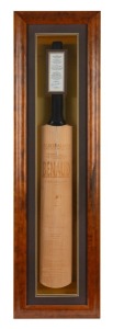 Richie Benaud signed Callen Australian Cricket Willow full-size bat attractively framed & glazed; accompanied by the receipt from a silent auction at which the bat was purchased. 104 x 29 x 10cm