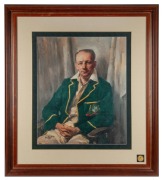 DON BRADMAN original signature on a reproduction of the Ivor Hele studio portrait of Bradman in his Test Team blazer. Attractively framed & glazed, with COA. Overall 92 x 82cm.