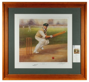 Don Bradman "Boundary Bound" limited edition (168 of 1500) print of Bradman at the wicket, signed by Bradman and the artist, d'Arcy Doyle, with COA; attractively framed & glazed. overall 89 x 97cm