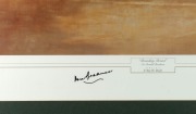 Don Bradman "Boundary Bound" limited edition (168 of 1500) print of Bradman at the wicket, signed by Bradman and the artist, d'Arcy Doyle, with COA; attractively framed & glazed. overall 89 x 97cm - 2