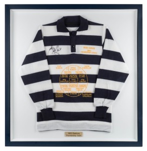 Bob Davis original signature on 40th Anniversary 1963&nbsp;Geelong&nbsp;Premiership replica jumper with embroidered details of the team and their positions; Bob Davis was Coach; with COA; framed & glazed; overall 94 x90cm