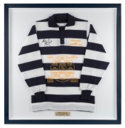Bob Davis original signature on 40th Anniversary 1963&nbsp;Geelong&nbsp;Premiership replica jumper with embroidered details of the team and their positions; Bob Davis was Coach; with COA; framed & glazed; overall 94 x90cm