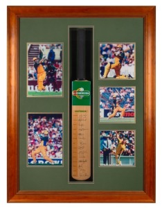Full-size cricket bat signed by the Australian Test Team (Steve Waugh Captain, Adam Gilchrist Vice-Captain) attractively framed & glazed, together with five action photographs; overall 112 x 84 x 8cm. Australia played a three Test Series against South Africa, winning all three matches.