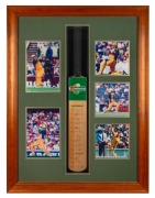 Full-size cricket bat signed by the Australian Test Team (Steve Waugh Captain, Adam Gilchrist Vice-Captain) attractively framed & glazed, together with five action photographs; overall 112 x 84 x 8cm. Australia played a three Test Series against South Afr