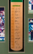 Full-size cricket bat signed by the Australian Test Team (Steve Waugh Captain, Adam Gilchrist Vice-Captain) attractively framed & glazed, together with five action photographs; overall 112 x 84 x 8cm. Australia played a three Test Series against South Afr - 2