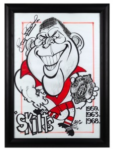 BOB SKILTON Original artwork by Weg dated 2001 and titled "Skilts" depicting the great Swans player with a Brownlow medal and the three years in which he was the winner. Signed by Skilton. Framed & glazed. Overall 74 x 54cm
