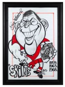 BOB SKILTON&nbsp;Original artwork by Weg&nbsp;dated 2001 and titled "Skilts" depicting the great Swans player with a Brownlow medal and the three years in which he was the winner. Signed by Skilton. Framed & glazed. Overall 74 x 54cm