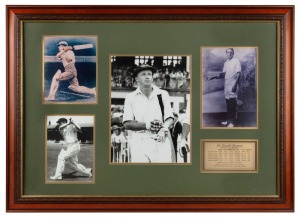 Don Bradman original signature on reproduction photograph. framed & glazed. Together with three other photographs and a plaque describing Bradman's career. With COA. Overall 76 x 106cm.