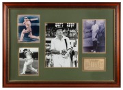 Don Bradman original signature on reproduction photograph. framed & glazed. Together with three other photographs and a plaque describing Bradman's career. With COA. Overall 76 x 106cm.