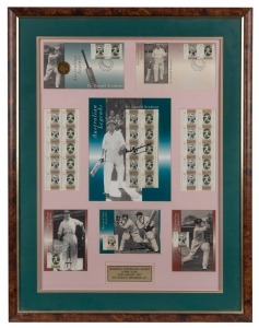 Attractively-framed and glazed display created on the occasion of the January 1997 Australia Post issue of the Sir Donald Bradman "Australian Legends" stamps. The display features the stamps, first day covers, and postcards issued on the occasion, with the central pack bearing the original signature of Don Bradman. Overall 71 x 55cm
