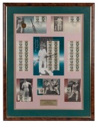 Attractively-framed and glazed display created on the occasion of the January 1997 Australia Post issue of the Sir Donald Bradman "Australian Legends" stamps. The display features the stamps, first day covers, and postcards issued on the occasion, with th