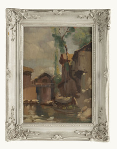 ARTIST UNKNOWN, (River scene), oil on board, signed lower right (partially legible), 32 x 22cm, 44 x 36cm overall