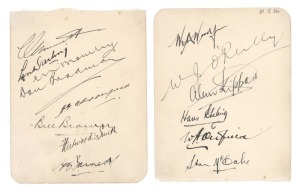 THE AUSTRALIANS IN ENGLAND 1934: The complete Australian Team signatures (14) in ink on two matching pages removed from an autograph book; headed by Woodfull, O'Reilly and Kippax, the team included Ebeling, Oldfield, McCabe, Grimmett, Darling, Bromley, Bradman, Chipperfield, Brown, Fleetwood-Smith and Barnett. The Australians won the Test Series: 2-1, with 2 matches drawn. Bradman made 758 runs in his 8 innings at 94.75; O'Reilly took 28 wickets and Grimmett 25;