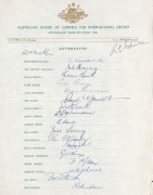 1961 AUSTRALIAN TEAM ON TOUR: Official team sheet, fully signed by the 17 players and 2 officials in the touring party, with Benaud and Harvey leading a Test team which included Booth, Davidson, Grout, Lawry, McKenzie and Simpson. Accompanied by printed p