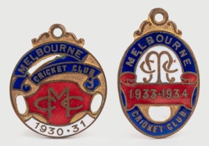 MELBOURNE CRICKET CLUB, membership fobs for 1930-31 and 1933-34, both made by C. Bentley. (2).