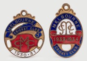 MELBOURNE CRICKET CLUB, membership fobs for 1930-31 and 1933-34, both made by C. Bentley. (2).
