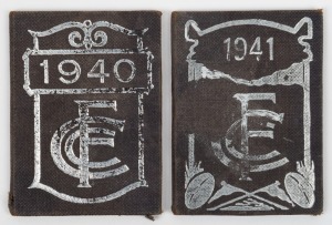 CARLTON: 1940 & 1941 membership season tickets (#236), blue/black buckram covers with silver club logos and text; the interior surfaces with printed details of the club leadership, the fixtures for the club and holes punched for each game attended (2). Carlton finished 5th in 1940 and on top of the ladder in 1941. Melbourne won the Premiership both years.
