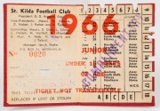 ST. KILDA: 1966 Junior Member's Season Ticket (#0020), with Fixture List, details of the Club Leadership & holes punched for each game attended. Additionally hand-stamped "COMPLIMENTARY". St Kilda finished in 2nd position on the ladder in 1966 with 14 win - 2