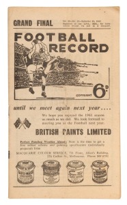 1961 "Football Record", for the Grand Final - Hawthorn v Footscray. Good condition. Hawthorn 13.16 (94) won its' first Grand Final, defeating Footscray 7.9 (51) in front of 107,935 fans.