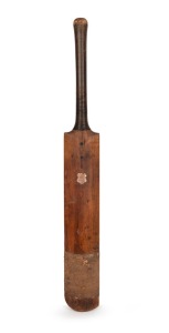 An antique cricket bat bearing 9ct rose gold presentation plaque: "Willed By W. J. N. SYER To His Son Edwin, 05/06/13".