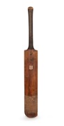 An antique cricket bat bearing 9ct rose gold presentation plaque: "Willed By W. J. N. SYER To His Son Edwin, 05/06/13".