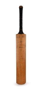 A full-sized "Don Bradman" Three Crowns cricket bat by Sykes, signed by the 1948 Invincibles including Bradman, Hassett, Brown, Saggers, Harvey, Johnson, Ring, Miller, and others, but mostly faded.