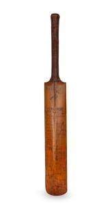 A match-used full sized "The Autograph" cricket bat by Gunn & Moore; signed in the ownership position by HARRY FOSTER (Worcestershire) and with a fine collection of signatures of Test team players of the 1910s-20s. The Australians include Armstrong, Gregory, Carter, Collins, Mailey, McDonald, Hendry, Bardsley, Ryder, Mayne, Pellew and others. The Englishmen include Warner, Douglas, Hobbs, Fender, Russell, Hitch, Woolley, Tyldesley, Sandham, and others.
