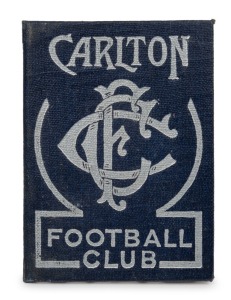 CARLTON: 1944 Carlton membership card, blue/black buckram covers with silver club logo and text; the interior surfaces with printed details of the club leadership, the fixtures for the club, and holes punched for each game attended, overall 8 x 11.8cm when opened out.