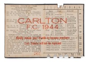CARLTON: 1944 Carlton membership card, blue/black buckram covers with silver club logo and text; the interior surfaces with printed details of the club leadership, the fixtures for the club, and holes punched for each game attended, overall 8 x 11.8cm whe - 2