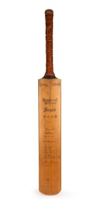 A full-sized "Imperial Driver" Super Four Stars cricket bat by Gradidge, signed by the 1948 Invincibles including Bradman, Hassett, Brown, Saggers, Harvey, Johnson, Ring, Miller, and the others, but several are faded. Signed W.A. Smith in the ownership position. William Alfred Smith (1900 - 1990) was an English cricketer who played for Wiltshire 1929-39.