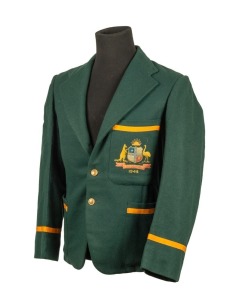 THE AUSTRALIAN TEST TEAM BLAZER WORN BY LINDSAY HASSETT, VICE-CAPTAIN OF THE 1948 "INVINCIBLES" Green wool, with golden piping and the Australian coat-of-arms and "1948" embroidered in silk to the pocket; "A.L. HASSETT" in pen to the Farmer's Sydney label at the neck. Provenance: Charles Leski Auctions, 30 September 2009.