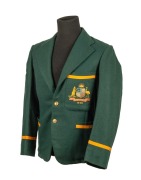 THE AUSTRALIAN TEST TEAM BLAZER WORN BY LINDSAY HASSETT, VICE-CAPTAIN OF THE 1948 "INVINCIBLES" Green wool, with golden piping and the Australian coat-of-arms and "1948" embroidered in silk to the pocket; "A.L. HASSETT" in pen to the Farmer's Sydney label