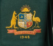 THE AUSTRALIAN TEST TEAM BLAZER WORN BY LINDSAY HASSETT, VICE-CAPTAIN OF THE 1948 "INVINCIBLES" Green wool, with golden piping and the Australian coat-of-arms and "1948" embroidered in silk to the pocket; "A.L. HASSETT" in pen to the Farmer's Sydney label - 2