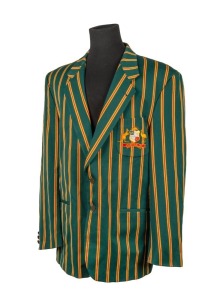 CRAIG McDERMOTT'S AUSTRALIAN TEST TEAM BLAZER, candy-striped pure wool. circa 1994-96, with the Australian coat-of-arms embroidered in silk to the pocket; made by Flaire, with "Billy" in pen to their label. Provenance: Charles Leski Auctions: 3 May 2010.